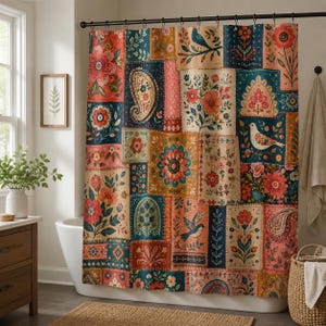May include: A shower curtain featuring a patchwork design of rectangular panels with floral, paisley, and bird motifs in shades of deep blue, coral, orange, and cream. The fabric displays intricate botanical illustrations and folk-inspired patterns.