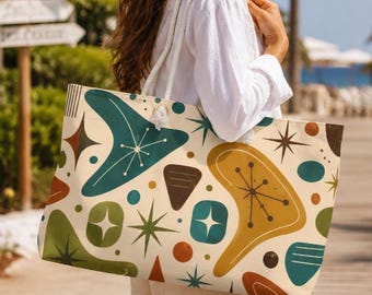 Mid Century Atomic Pattern Weekender Bag | Retro 1950s Starburst Tote