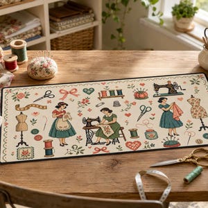 Puede incluir: Una alfombrilla de escritorio rectangular con fondo color crema y un patrón repetitivo de ilustraciones sobre costura, que incluye máquinas de coser vintage, maniquíes, tijeras, carretes de hilo, alfileteros y mujeres con vestidos.