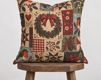 Christmas Wreath & Robin Patchwork Pattern Pillowcase