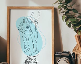 Personalized Wall Art, Best Friend Illustration, Portrait from Photo, Personalized Gift for Sister, Line Art, Gift for Her, Custom Drawing