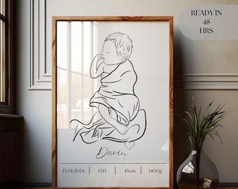 Personalized Newborn Line Art Portrait - Custom Family Gift (Digital File)
