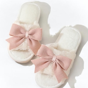 Pink Bow Slippers, Slippers For Women, Pink Bow,  Bow design slippers, Cotton Flannel Fabric, Bachelorette Party, Bridesmaid Slippers