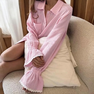 Lace Lantern Sleeve Pajama Set - Organic Cotton Loungewear for Women, Mother&#39;s Day Gift