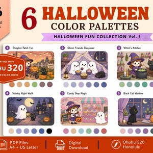 Op de afbeelding: Een digitale collectie van 6 Halloween-kleurenpaletten met 36 samengestelde kleuren, compatibel met Ohuhu 320-markers. De afbeelding toont zes geïllustreerde scènes met pompoenen, geesten, heksen en zwarte katten, inclusief bijbehorende kleurstalen.