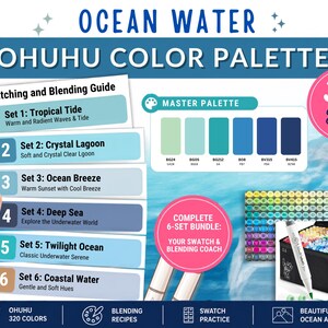 Op de afbeelding: Een Ohuhu kleurenpaletgids getiteld Ocean Water met 320 kleuren. Het bevat een Swatching and Blending Guide met zes sets, een Master Palette met blauwe en groene tinten, en een zwarte draagtas gevuld met markers.