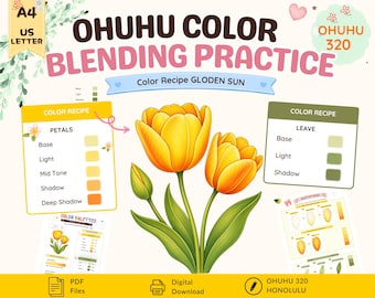 Ohuhu Color Palettes | Honolulu 320 | Blank, Pre-Colored Color Combo Guide | PDF Download | Practice Sheet | Flower Coloring