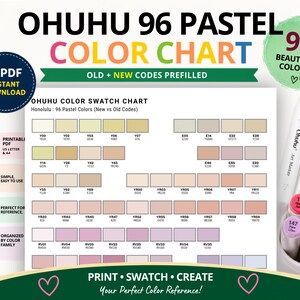 May include: A printable Ohuhu 96 pastel color swatch chart featuring rows of rectangular color samples with corresponding alphanumeric codes. The chart includes text labels such as Ohuhu Color Swatch Chart and Honolulu 96 Pastel Colors.
