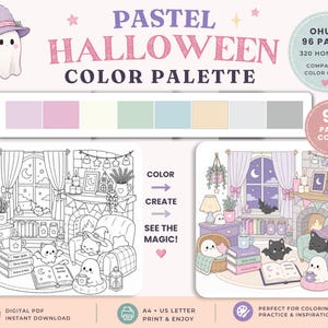 May include: A digital coloring page set titled Pastel Halloween Color Palette featuring a ghost in a purple hat, a color swatch bar, and two side-by-side illustrations of a cozy room with ghosts, cats, books, and a fireplace in line art and color.