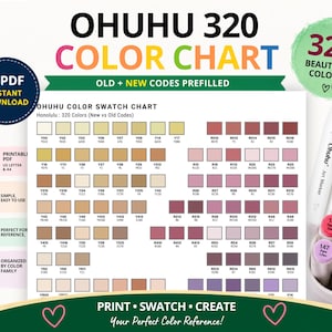 Ohuhu Honolulu 320 colors |  Swatch Color Chart Printable | Basic palette Sheet | PDF Download | Letter, A4 | Pre-filled codes