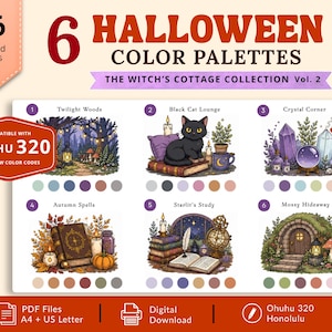 Könnte beinhalten: Eine digitale Sammlung von 6 Halloween-Farbpaletten mit dem Titel The Witch's Cottage Collection Vol. 2. Sie enthält 36 kuratierte Farben, die mit Ohuhu 320 Markern kompatibel sind, inklusive thematischer Illustrationen und Farbfeldern.