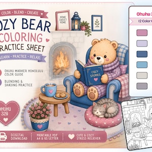 May include: A digital coloring practice sheet titled Cozy Bear Coloring Practice Sheet featuring a bear reading a book in a blue armchair by a fireplace with a cat nearby. Includes an Ohuhu 320 color guide, a printable PDF format, and a black and white line art version of the scene for coloring.