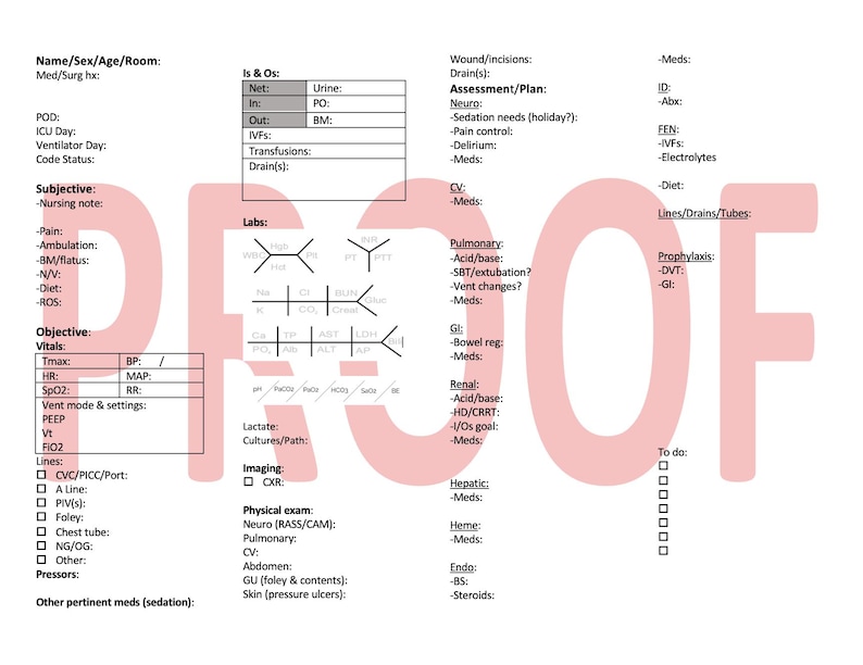 Medical Rounding Tables SICU Rounding Sheet for Residents, Medical Students, Pas, PA Students ...