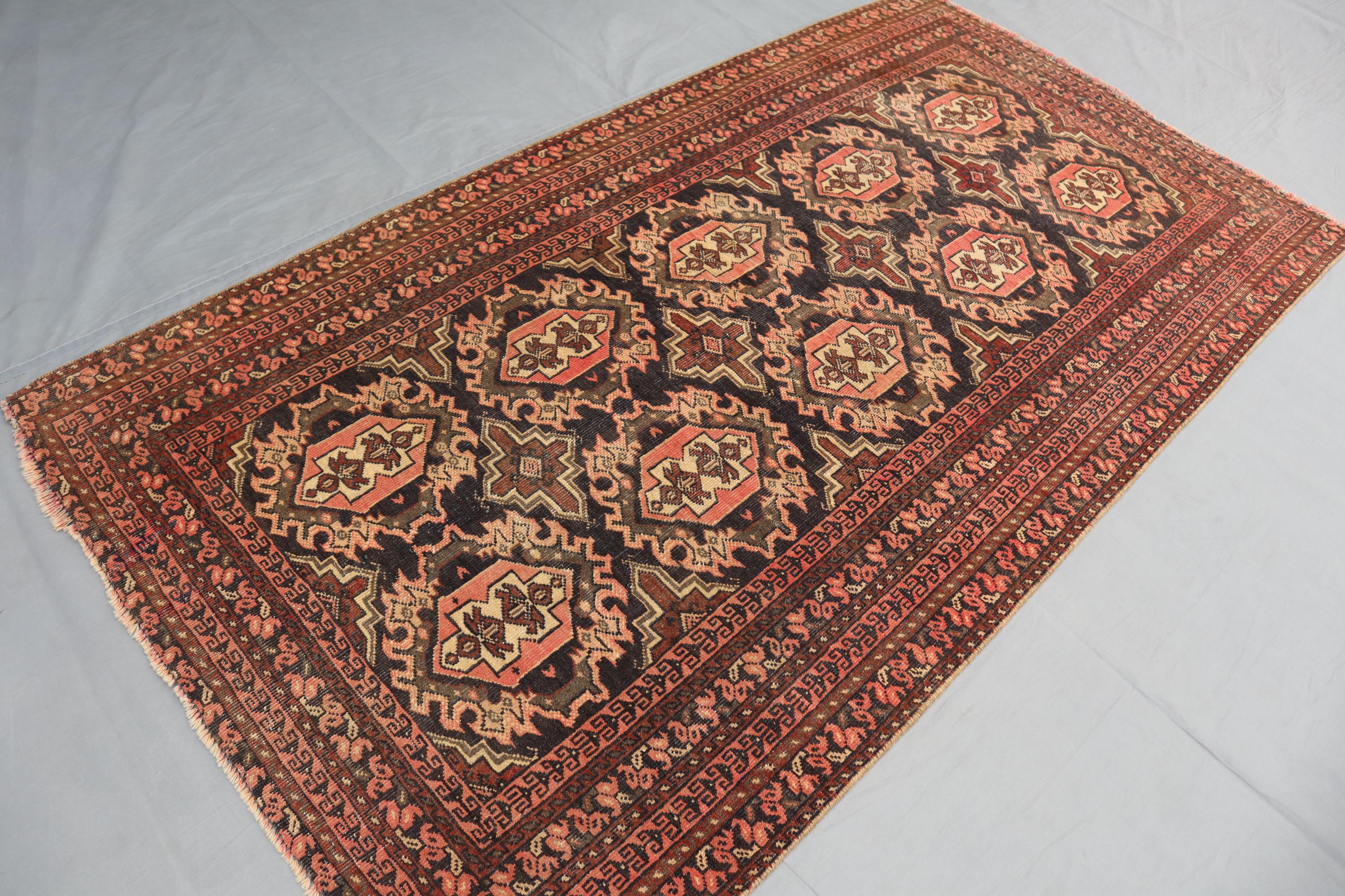 3x6 ft Antique 1970s Tekke Tribal Rug, Turkmen Handmade Vintage Rug, High Pile veg dyes 100% Wool Large Afghan Rug, Rug for Living Room.