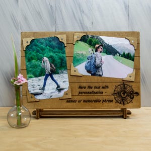 Cadre de Voyage Rustique avec Gravure de Boussole | Cadre Photo Personnalisé pour Aventures | Cadeau en Bois pour Voyageurs