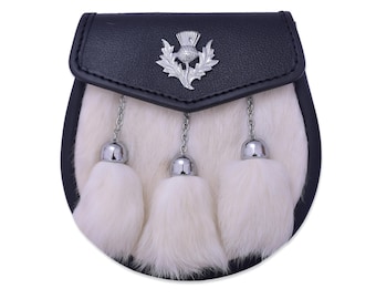 Men's Scottish Semi-Dress Kilt Sporran – Premium White Rabbit Fur with Thistle Badge | Traditional Scottish Highland Wear
