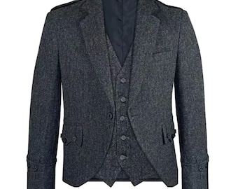May include: A dark gray tweed jacket with a matching vest. The jacket has a double-breasted closure and a notched lapel. The vest has a five-button closure and a pointed collar.