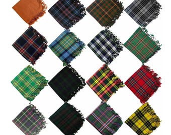 May include: Assortment of 16 different tartan patterned squares with fringed edges. The squares are arranged in a grid pattern.