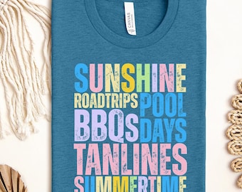 Sunshine Summertime Shirt, Colorful Summer Graphic Tee, Retro Summer Women's Top, Tan Lines Road Trip Shirt, Fun Summer Gift Tee