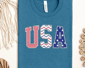 USA Patchwork Pearl Border Shirt, Patriotic 4th of July Tee, Stars Stripes Women's Top, Faux Pearl Graphic Shirt, Independence Day Gift Tee