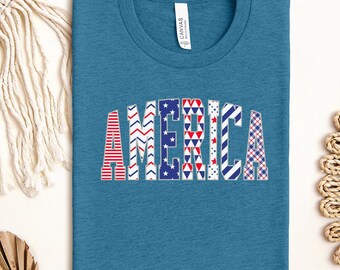 America Patchwork Faux Embroidery Shirt, Patriotic 4th of July Tee, USA Arch Graphic Top, Independence Day Gift Tee