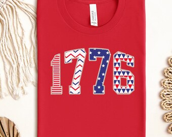 1776 Patchwork Pearl Border Shirt, Patriotic 4th of July Tee, USA Independence Year Top, American Pride Gift Tee