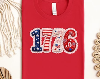 1776 Faux Embroidery Shirt, Patriotic 4th of July Tee, USA Independence Year Top, Stars Fireworks Graphic Shirt, American Pride Gift Tee