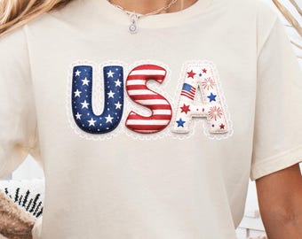 USA Faux Embroidery Shirt, Patriotic 4th of July Tee, American Flag Letter Top, Stars Fireworks Graphic Shirt, Independence Day Women's Tee