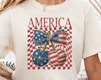 America Cherry Shirt Women Fourth of July Checkered Cherry Tee Patriotic Cherry Gift 4th of July Shirt Denim Patchwork Cherry Bow Tee