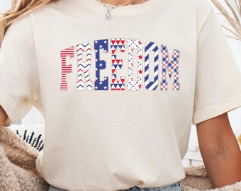 Freedom Patchwork Faux Embroidery Shirt, Patriotic 4th of July Tee, USA Arch Graphic Top, Independence Day Gift Tee