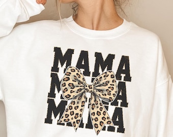 Coquette Bow Mama Sweatshirt, Leopard Mama Shirt, Retro Mama Sweatshirt, Varsity Mom Crewneck, Mothers Day Gift for Her, Cheetah Mama Hoodie