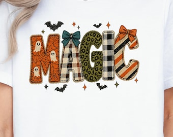 Halloween Magic Shirt, Faux Embroidery Patchwork Letters Tee, Coquette Bow Fall T-Shirt, Leopard Plaid Spooky Season Gift