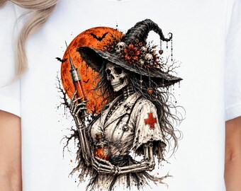 Skeleton Nurse Witch Shirt, Spooky Nurse Halloween Tee, Gothic Witchy Nurse T-Shirt, Nurse Gift, Blood Moon Skeleton Nursing Tee