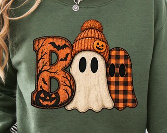 Boo Halloween Shirt, Beanie Ghost Buffalo Plaid Tee, Jack-O-Lantern Bat Letters T-Shirt, Cozy Orange Black Fall Spooky Gift