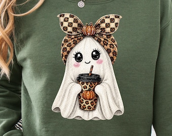 Coquette Ghost Shirt, Leopard Coffee Ghost Halloween Tee, Checkered Bow Fall T-Shirt, Cute Sparkle Rhinestone Look Gift for Her