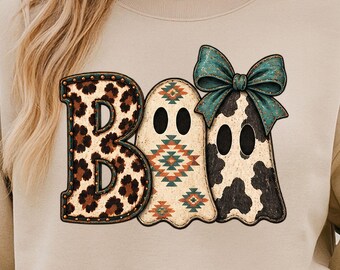 Western Boo Shirt, Aztec Cow Print Ghost Halloween Tee, Turquoise Coquette Bow Country T-Shirt, Leopard Cowgirl Ghost Gift