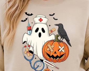 Nurse Ghost Halloween Shirt, Spooky Nurse Tee, Trick or Treat Stethoscope Pumpkin, RN LPN CNA Nursing Gift, Ghost Nurse T-Shirt