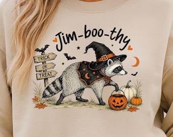 Jim-boo-thy Shirt, Raccoon Witch Halloween Tee, Trick or Treat Trash Panda T-Shirt, Funny Raccoon Pumpkin Bucket Gift