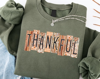 Thankful Fall Shirt, Patchwork Autumn Tee, Thanksgiving Women's Top, Boho Grateful Graphic Shirt, Fall Season Gift Tee