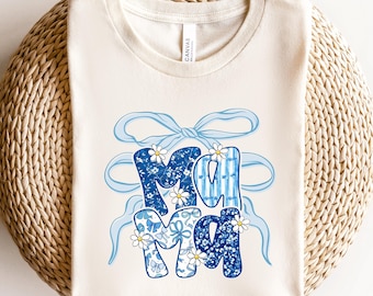 Mama T-Shirt, Blue Floral Bow Mama Tee, Coquette Mama Shirt, Daisy Mom Gift, Floral Mama Shirt, Mother's Day Gift