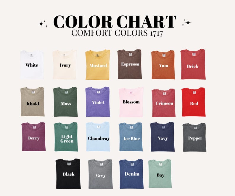 以下が含まれることがあります： さまざまな色合いのComfort Colors Tシャツが並んだカラーチャート。 白、アイボリー、マスタード、エスプレッソ、赤などの色が示されています。 各シャツには、それぞれの色の名前が付けられています。