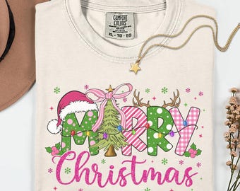 Comfort Colors® Coquette Merry Christmas Shirt, Christmas Shirt, Cute Christmas Shirt, Christmas Gift, Santa Shirt, Christmas Tree