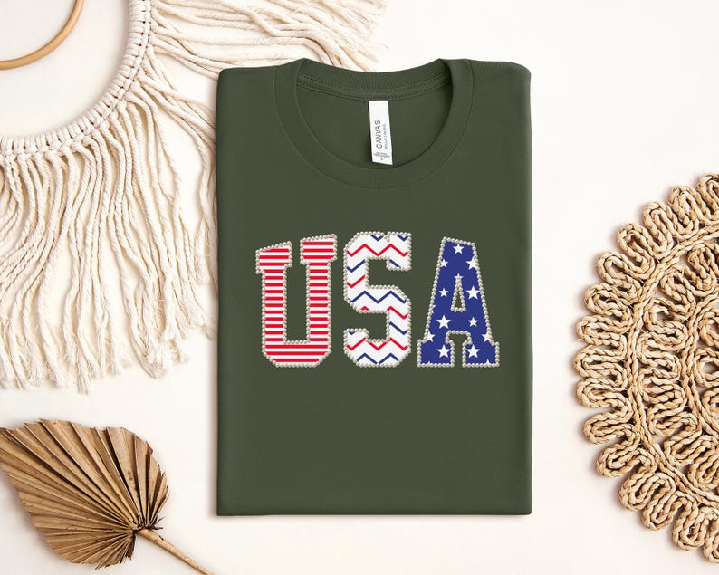 USA Patchwork Pearl Border Shirt, Patriotic 4th of July Tee, Stars ...