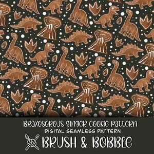 Puede incluir: Un patrón sin costuras con dinosaurios de jengibre, volcanes y huellas en un fondo verde oscuro. El patrón se titula "Braxosorous Ginger Cookie Pattern" y "Digital Seamless Pattern" con el texto "Brush & Bobble" debajo.