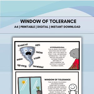 May include: A printable infographic titled "Window of Tolerance" with three sections. The top section shows a tornado representing stress. The middle section depicts a window with a smiling figure. The bottom section shows a mountain range and a black balloon.