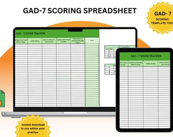 May include: A digital image of a laptop and tablet screen displaying a green and white spreadsheet titled "GAD-7 Scoring Spreadsheet" and "GAD-7 Score Tracker". The spreadsheet is a tool for tracking scores on the Generalized Anxiety Disorder 7-item scale.