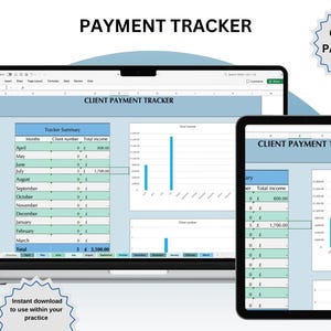 May include: A laptop and tablet display a "Client Payment Tracker" spreadsheet with blue and green accents. The text "Payment Tracker" is at the top. The spreadsheet includes a tracker summary and total income charts. An "Instant download" graphic is at the bottom.