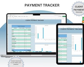May include: A laptop and tablet display a "Client Payment Tracker" spreadsheet with blue and green accents. The text "Payment Tracker" is at the top. The spreadsheet includes a tracker summary and total income charts. An "Instant download" graphic is at the bottom.