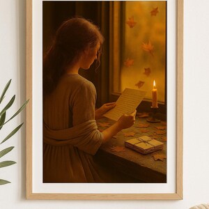 Può includere: Stampa incorniciata di una donna che legge una lettera a lume di candela. La scena è ambientata in un interno con una finestra che mostra foglie che cadono. Un mucchio di lettere e foglie autunnali sono sul tavolo. L'opera d'arte ha un'estetica calda e vintage.