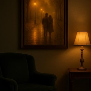 May include: A framed painting shows a couple strolling along a path illuminated by street lamps. The artwork is above a dark green armchair. A lit lamp with a lampshade sits on a small wooden table. The text "Whispers of Dusk" and "Whissen" are visible.